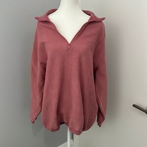 Aerie Corded Oversized Quarter Zip Sweatshirt in Pink, Fits L-XL